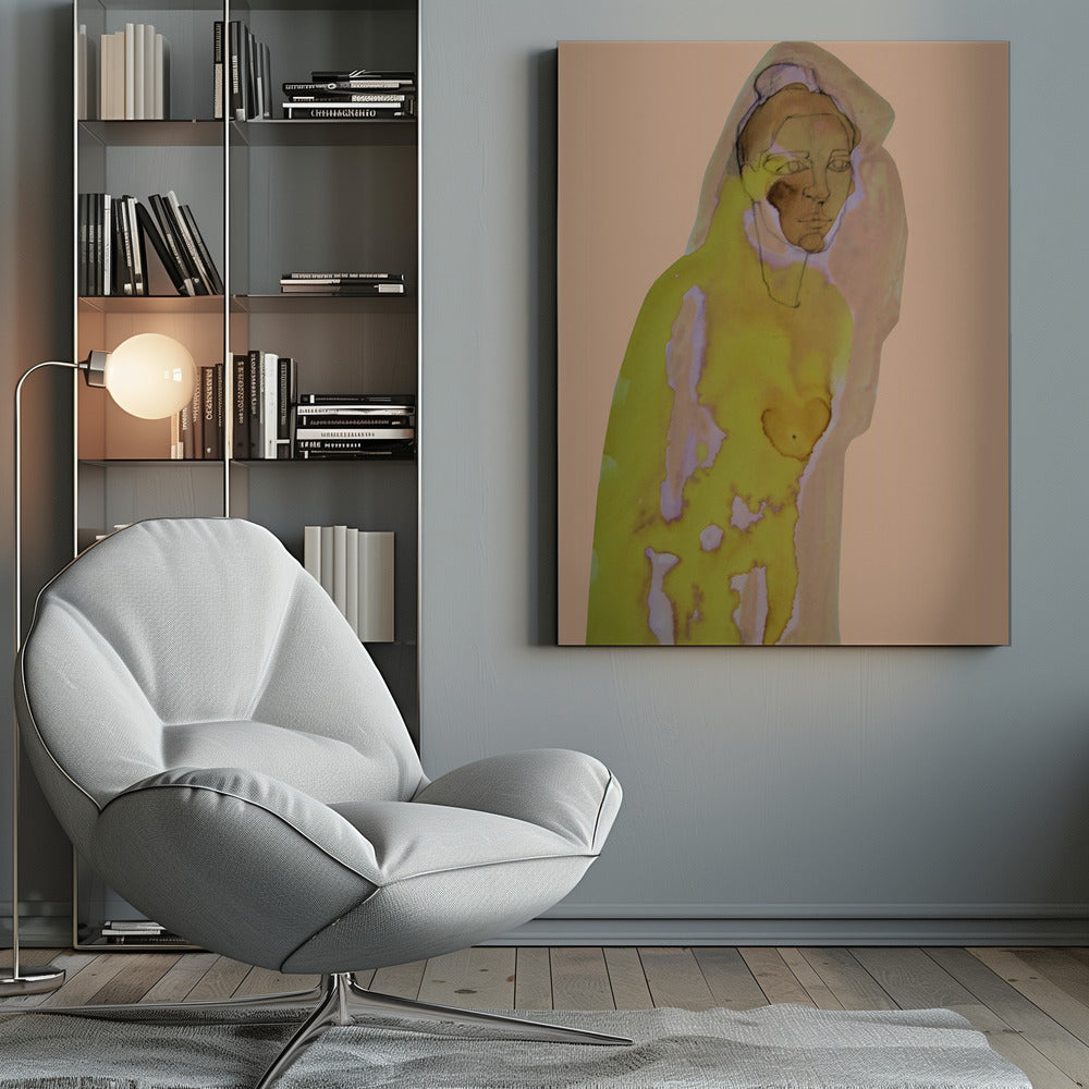 An abstract artwork of a hooded figure rendered in watercolor style against a flat peach background. The figure is primarily a vibrant yellow-green with brown and purple undertones, and its face is detailed with fine black line work. The piece is enclosed in a simple black frame. Decor