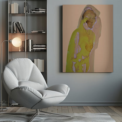 An abstract artwork of a hooded figure rendered in watercolor style against a flat peach background. The figure is primarily a vibrant yellow-green with brown and purple undertones, and its face is detailed with fine black line work. The piece is enclosed in a simple black frame. Decor
