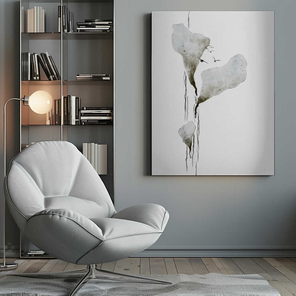 Abstract ink wash painting of floating grey islands with black drips and birds flying on a white background.