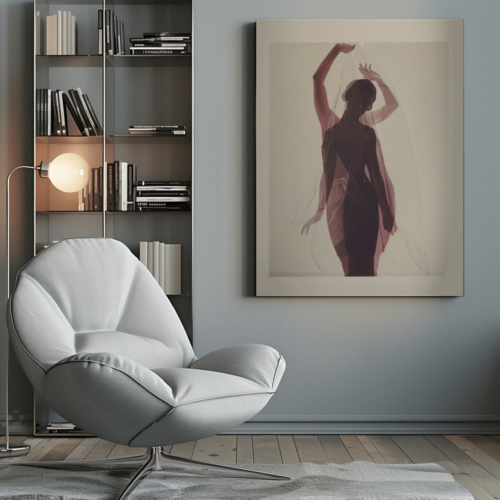 An artistic photograph of a woman in silhouette, wearing a dark dress and holding a sheer red veil above her head. A transparent, ghostly image of her in the same pose is overlaid, creating a double-exposure effect against a plain, cream-colored background. Print