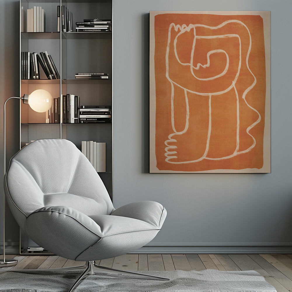 A modern abstract artwork in a black frame, featuring a single, continuous cream-colored line forming a stylized human figure against a textured, burnt orange background. Decor