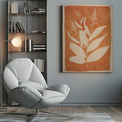 A botanical block print style illustration of a plant with large, pointed leaves and delicate flowering sprigs. The plant is rendered in a creamy off-white against a textured, burnt orange background. The artwork is presented in a simple black frame. Print