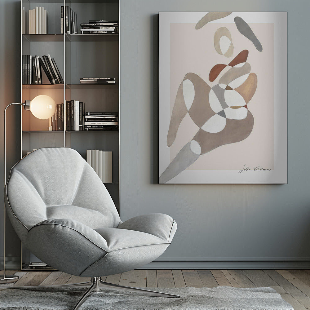 An abstract painting by Jetta Molenaar in a black frame, featuring a composition of overlapping, organic shapes in muted earth tones like brown, grey, and beige against a pale pinkish-beige background. The shapes vaguely suggest a reclining human figure. Artwork