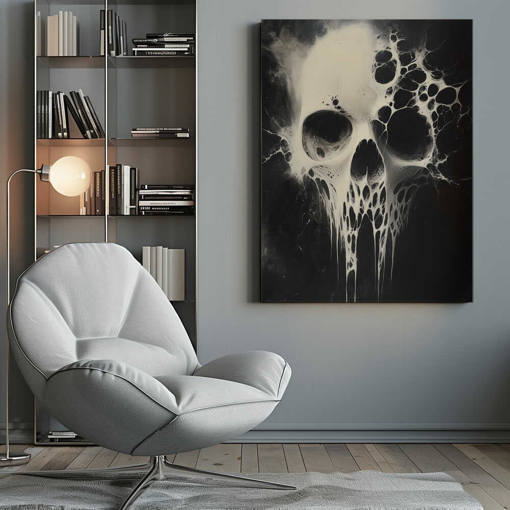 A striking black and white abstract painting of a human skull. The skull is rendered in off-white against a deep black background and appears to be dissolving or covered in a viscous, web-like substance that drips down from the jaw and spreads out from the sides. Print