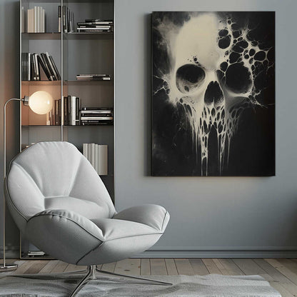 A striking black and white abstract painting of a human skull. The skull is rendered in off-white against a deep black background and appears to be dissolving or covered in a viscous, web-like substance that drips down from the jaw and spreads out from the sides. Print