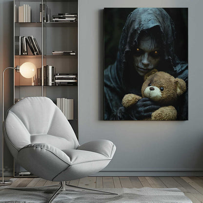 A creepy, hooded figure with glowing yellow eyes and a scarred face holds a well-loved brown teddy bear, creating a stark contrast between horror and innocence in a dark, moody setting. Wall Art
