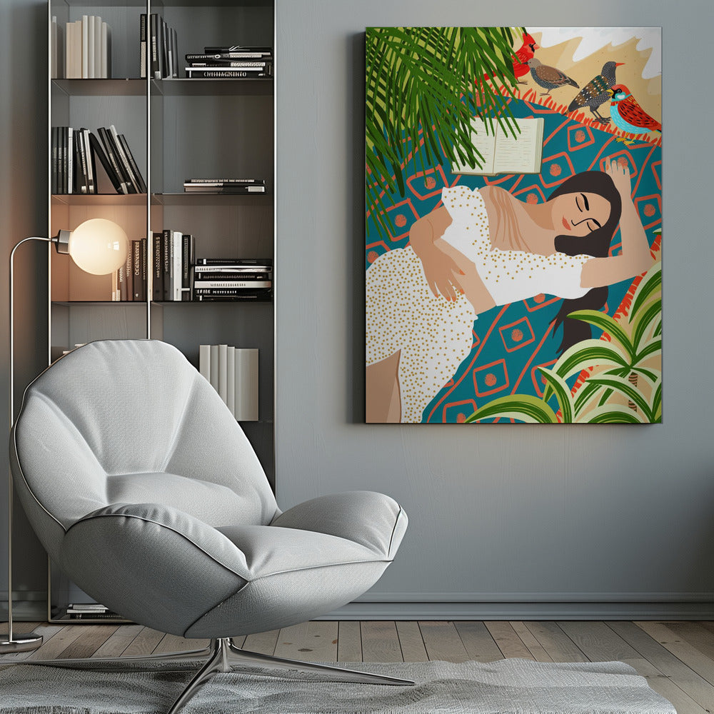 A vibrant illustration of a woman in a white dotted dress sleeping on a patterned teal and orange blanket on a beach. An open book lies beside her, while several colorful birds, including a red cardinal, stand nearby. Large green palm leaves frame the scene. Decor