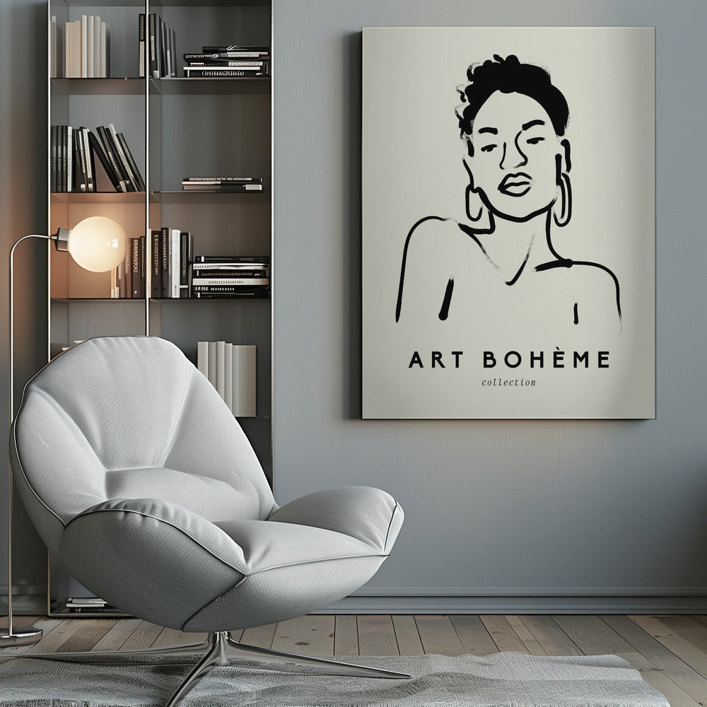 A framed minimalist art print featuring a black ink line drawing of a woman with curly hair and hoop earrings on a beige background. The text 'ART BOHÈME collection' is printed below the portrait. Poster