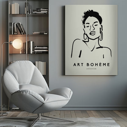 A framed minimalist art print featuring a black ink line drawing of a woman with curly hair and hoop earrings on a beige background. The text 'ART BOHÈME collection' is printed below the portrait. Poster