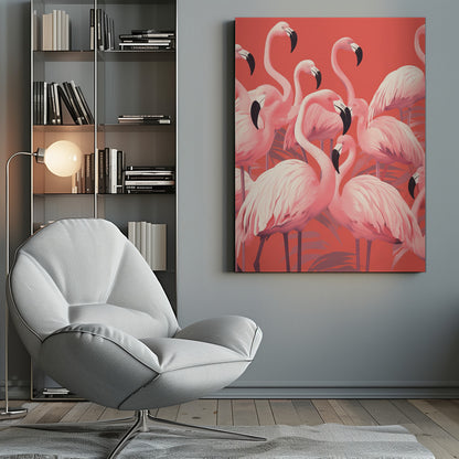 A vibrant, stylized art print featuring a dense flock of pink flamingos with black-tipped beaks against a solid coral background, framed in black. Artwork