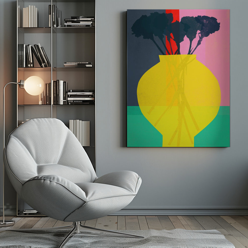 An abstract art print depicting a still life. A large, vibrant yellow vase sits in the foreground, holding the dark silhouette of a bouquet of flowers. The background is sectioned into bold, vertical color blocks of dark blue, red, and pink, with a teal surface at the bottom. Decor