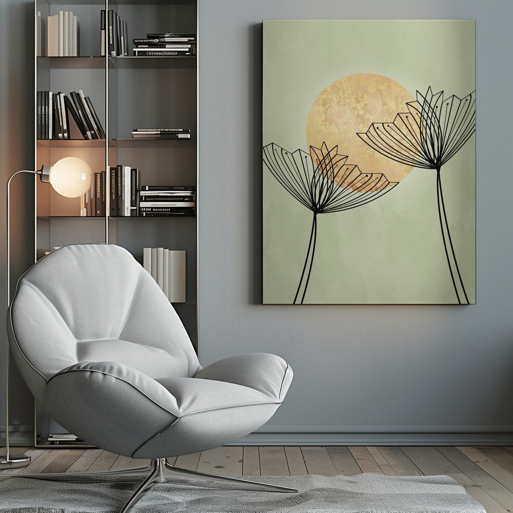 A minimalist botanical artwork featuring two stylized black line-art flowers against a pale sage green background. Behind the flowers is a large, textured golden sun, creating a serene and modern composition. Decor
