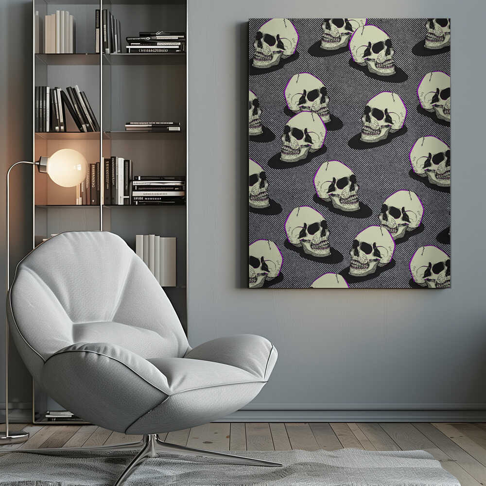 A graphic art print in a black frame featuring a repeating pattern of stylized off-white skulls. The skulls have a thin purple outline and are set against a background of fine black and white diagonal stripes, creating a pop art or comic book effect. Wall Art