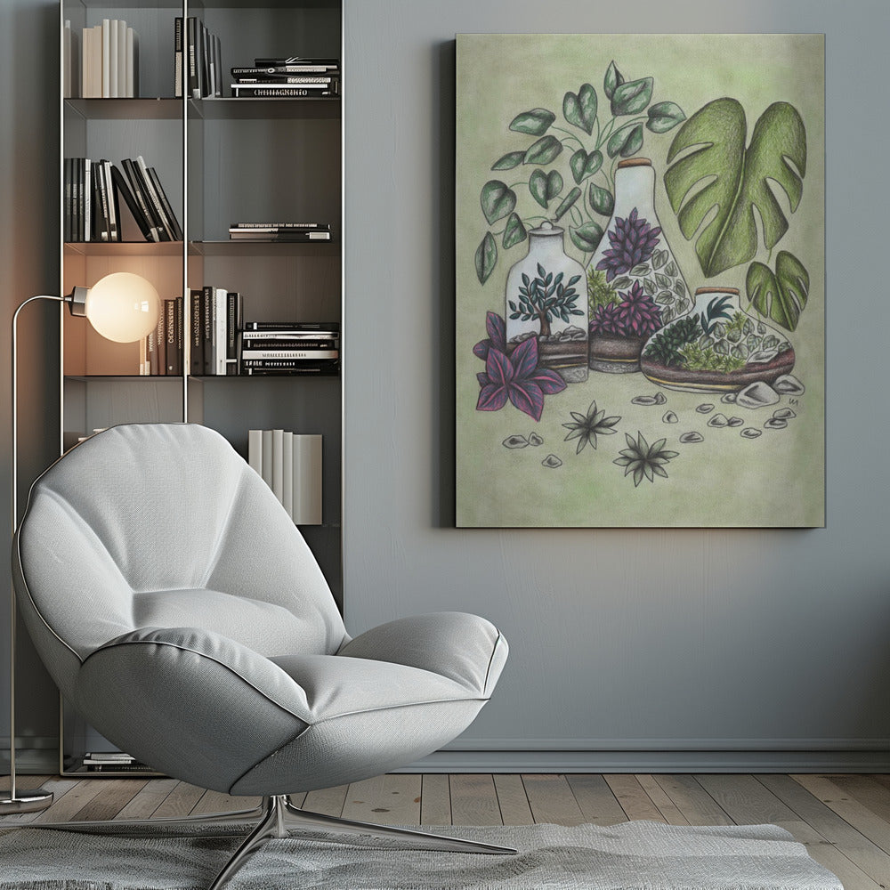 A detailed colored pencil illustration featuring three distinct glass terrariums filled with miniature plants. One terrarium holds a small bonsai-like tree, while the others contain a mix of green and vibrant purple foliage. The scene is surrounded by lush greenery, including large monstera leaves and a vining plant, all set against a soft, pale green background with scattered stones. Artwork