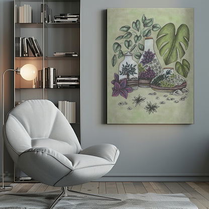 A detailed colored pencil illustration featuring three distinct glass terrariums filled with miniature plants. One terrarium holds a small bonsai-like tree, while the others contain a mix of green and vibrant purple foliage. The scene is surrounded by lush greenery, including large monstera leaves and a vining plant, all set against a soft, pale green background with scattered stones. Artwork