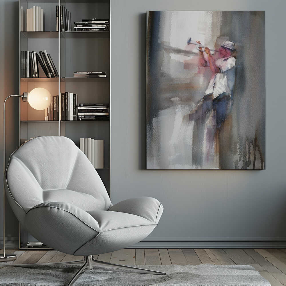 An art print depicting a musician skillfully playing a trumpet. Decor