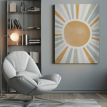 An abstract illustration of a large, mustard-yellow sun with radiating sunbeams. The beams are in alternating colors of yellow, sage green, and light blue, set against an off-white background. Wall Art