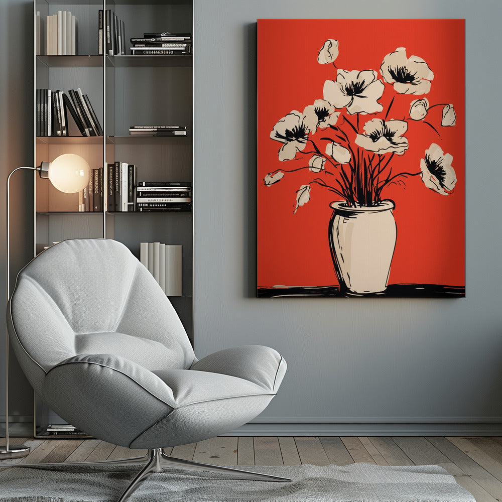 A graphic illustration of a bouquet of cream-colored poppies in a vase against a solid, vibrant red background. The flowers, stems, and vase are rendered with bold, sketchy black lines, creating a high-contrast and modern still-life composition. Print
