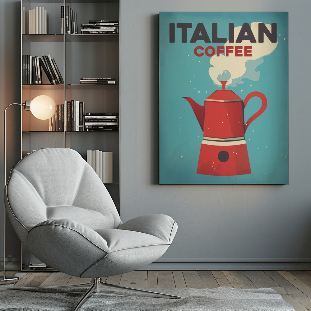 A vintage-style art print with a teal background featuring a large, red Italian moka pot coffee maker. White steam rises from the pot towards the top where the words 'ITALIAN' in dark gray and 'COFFEE' in red are written in a bold, blocky font. Poster