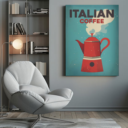 A vintage-style art print with a teal background featuring a large, red Italian moka pot coffee maker. White steam rises from the pot towards the top where the words 'ITALIAN' in dark gray and 'COFFEE' in red are written in a bold, blocky font. Poster