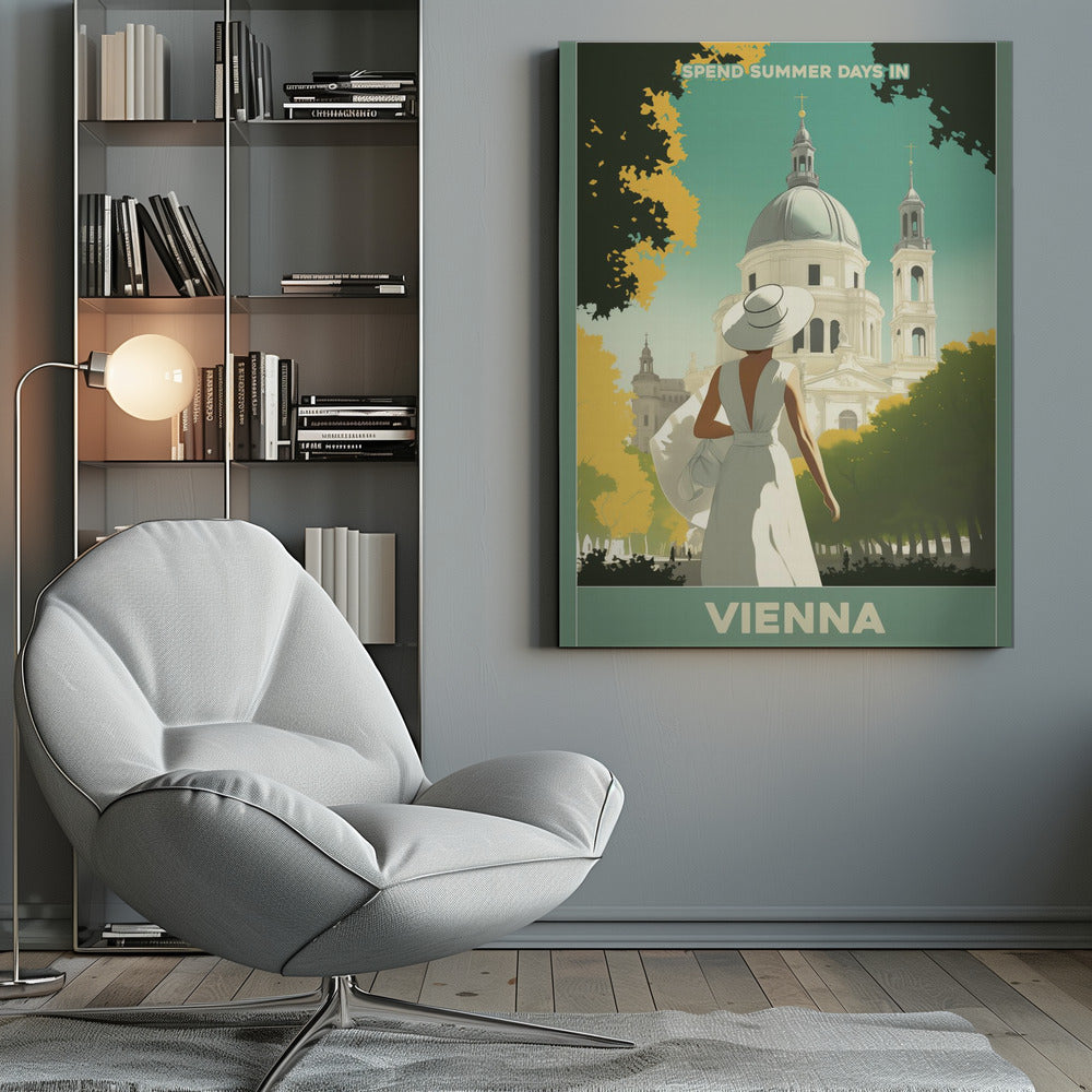 A vintage-style travel poster for Vienna, featuring an illustration of a woman in a white dress and wide-brimmed hat looking at a grand domed building. The scene is framed by green and yellow trees, with text that reads 'Spend summer days in Vienna'. Artwork