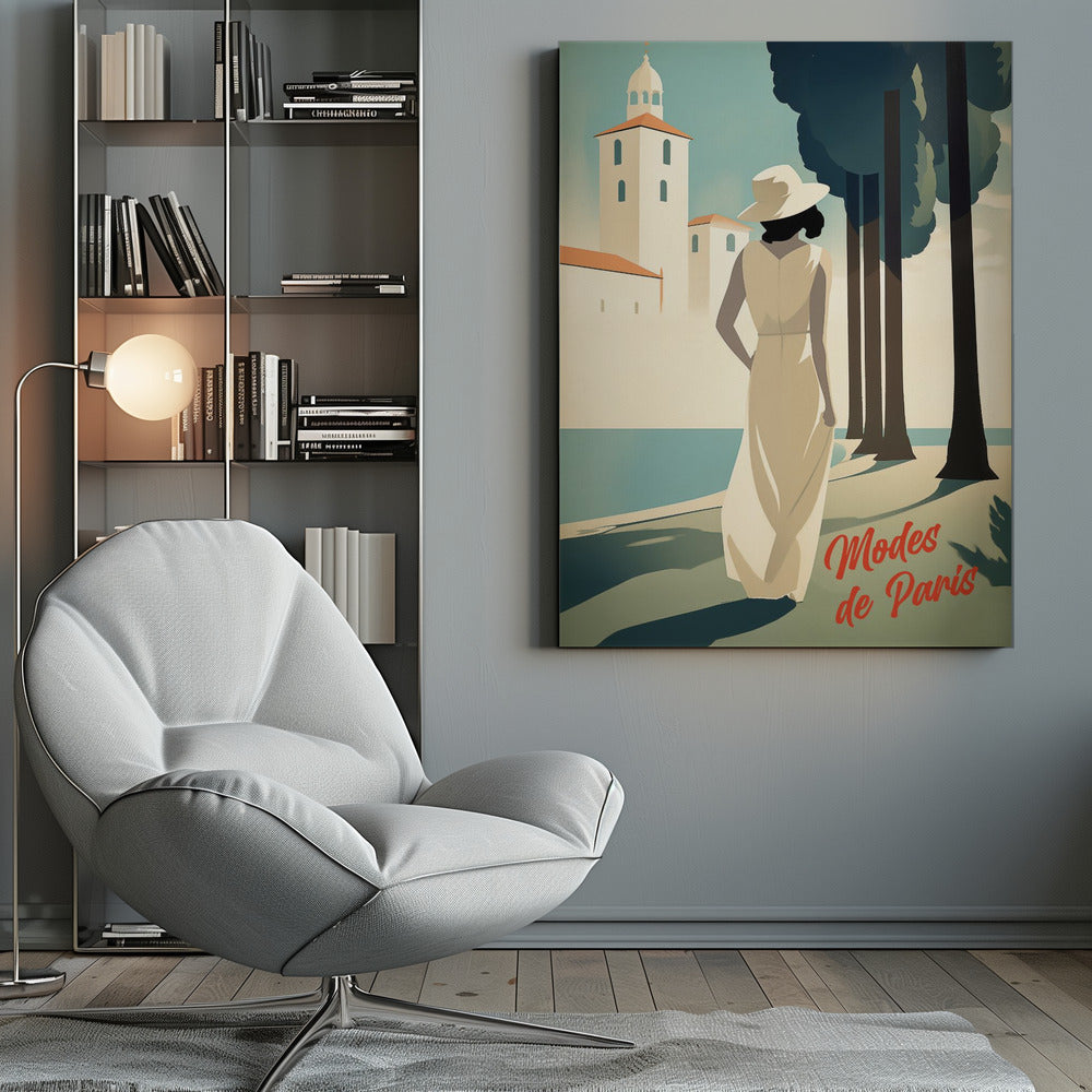 An Art Deco style illustration of a woman in a long cream dress and a white hat, viewed from behind. She stands by a body of water with tall, dark trees to her right and a white coastal building in the background. Red cursive text in the corner reads 'Modes de Paris'. Wall Art