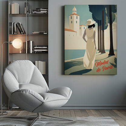 An Art Deco style illustration of a woman in a long cream dress and a white hat, viewed from behind. She stands by a body of water with tall, dark trees to her right and a white coastal building in the background. Red cursive text in the corner reads 'Modes de Paris'. Wall Art