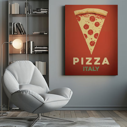 A vintage-style graphic poster featuring a large slice of pepperoni pizza against a solid red-orange background. Below the pizza, the word 'PIZZA' is in large cream letters, with 'ITALY' in smaller green letters underneath. The artwork is presented in a simple black frame. Poster