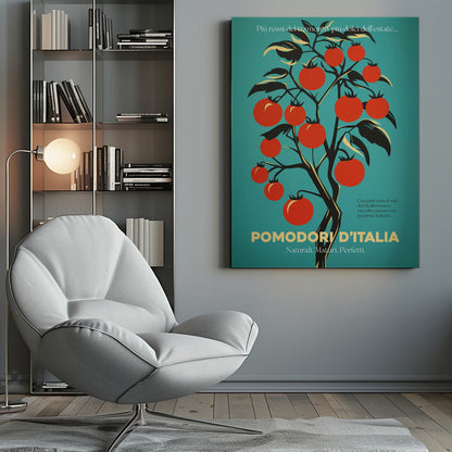 A vintage-style Italian advertisement poster featuring a stylized illustration of a tomato plant with vibrant red tomatoes against a teal background. Italian text at the bottom reads 'POMODORI D'ITALIA'. Print