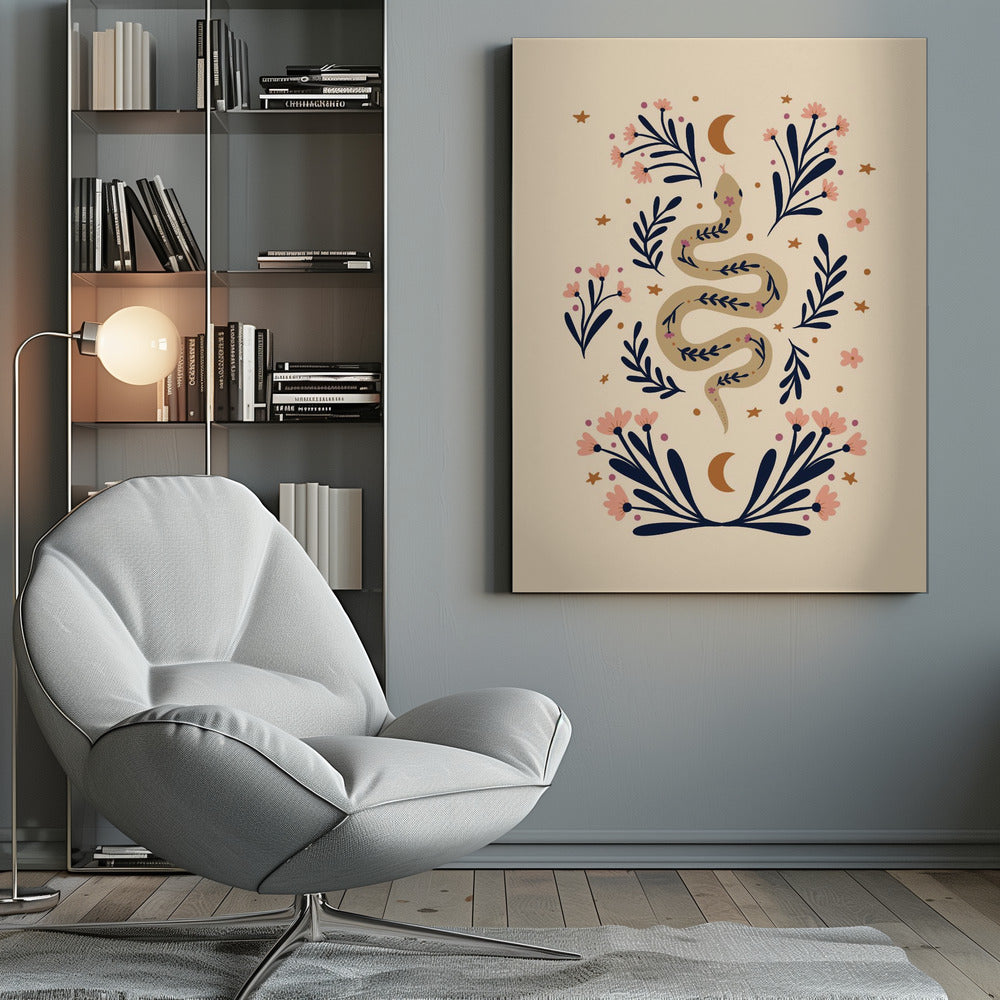 A bohemian-style illustration of a winding tan snake decorated with small flowers, set against a cream background. The snake is surrounded by dark blue foliage, pink blossoms, small gold stars, and two crescent moons, creating a symmetrical and mystical design. Poster