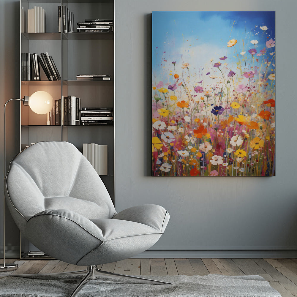 An impressionistic painting of a vibrant wildflower meadow under a bright blue sky, featuring a riot of colors including pink, orange, yellow, and purple, with paint splatters adding to the dynamic composition. The artwork is presented in a black frame. Poster