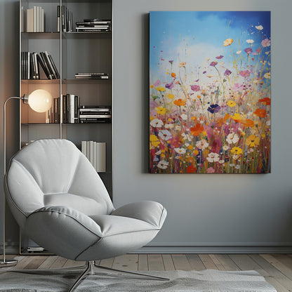 An impressionistic painting of a vibrant wildflower meadow under a bright blue sky, featuring a riot of colors including pink, orange, yellow, and purple, with paint splatters adding to the dynamic composition. The artwork is presented in a black frame. Poster