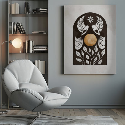 A modern illustration in a black frame featuring a symmetrical design within a black arch. Two stylized white birds face each other over a golden orb, with a white star above them and white foliage below, all on a light, textured background. Print