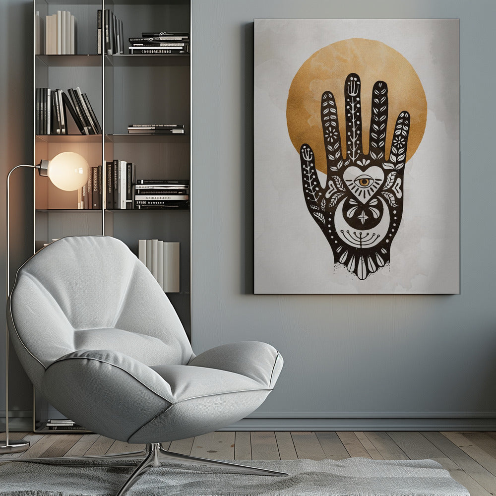 A black-and-white illustration of a hand decorated with intricate folk art symbols, including an eye within a heart on the palm, a crescent moon, and floral motifs on the fingers. A large, textured golden circle, like a sun or moon, serves as the background, set against a light gray, watercolor-style canvas. Decor
