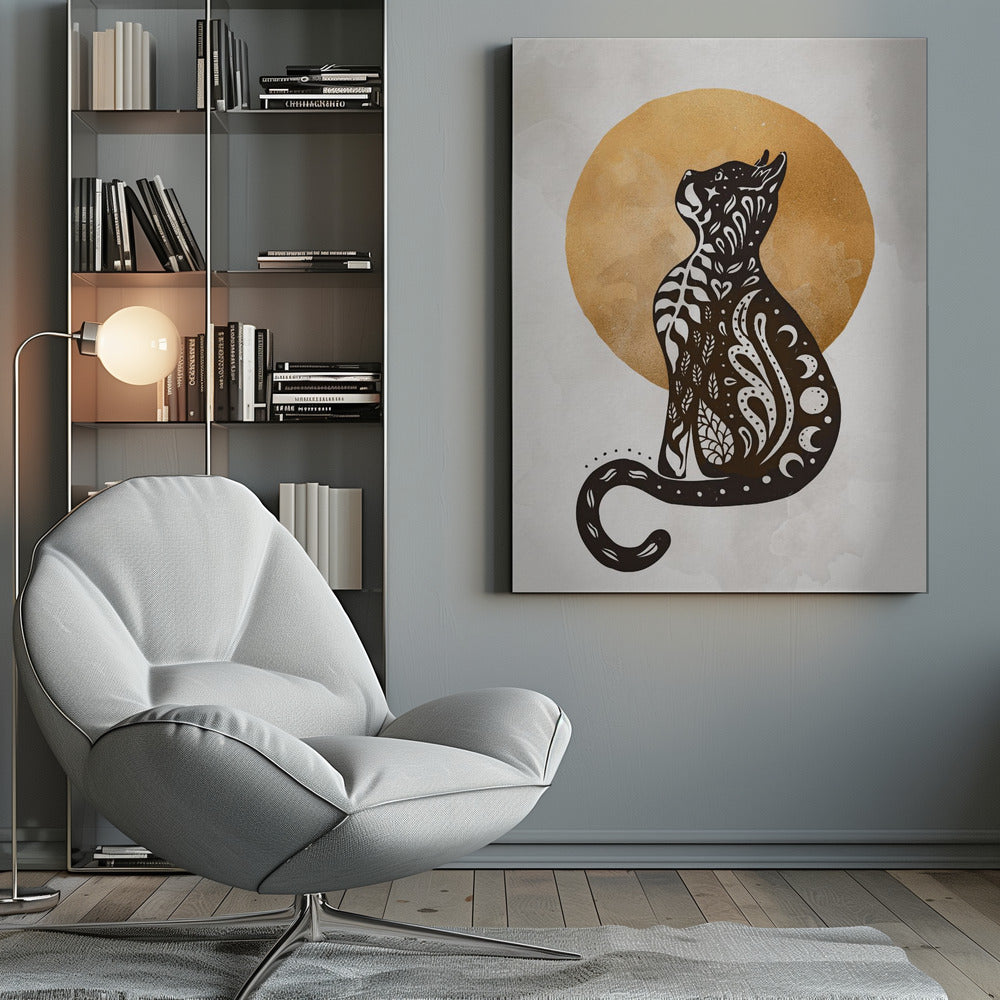 A stylized black cat silhouette sits in profile, looking upwards. Its body is filled with intricate white folk-art patterns of leaves, swirls, hearts, and crescent moons. Behind the cat is a large, textured golden circle against a light grey, watercolor-style background. Artwork