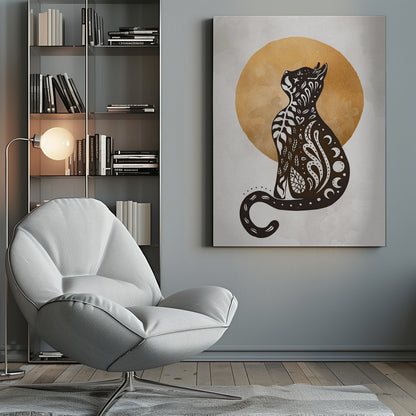 A stylized black cat silhouette sits in profile, looking upwards. Its body is filled with intricate white folk-art patterns of leaves, swirls, hearts, and crescent moons. Behind the cat is a large, textured golden circle against a light grey, watercolor-style background. Artwork