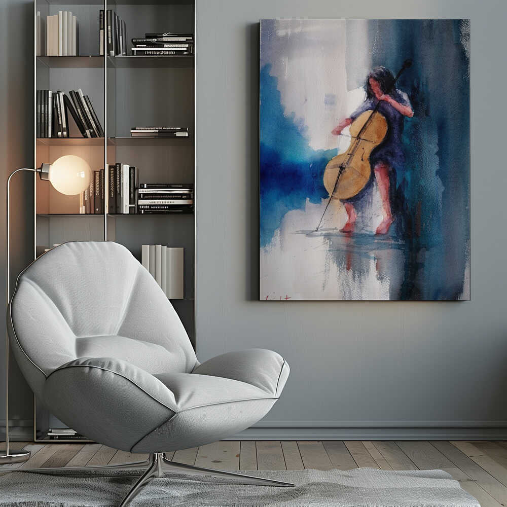 A musician performing a piece on a cello, depicted as an art print or poster. Artwork