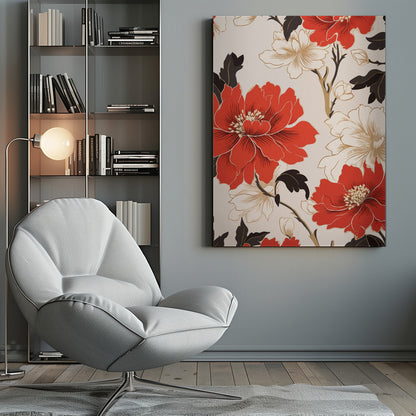 A stylized floral artwork featuring large, bold red flowers and smaller white flowers with gold accents. Dark brown leaves and branches twist across the cream-colored background, creating an elegant pattern. The entire piece is enclosed in a simple black frame. Decor