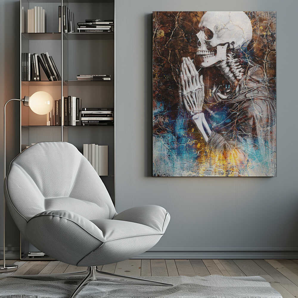A mixed media artwork of a skeleton from the chest up, in profile, with its hands clasped together in prayer. The background is a heavily textured and cracked dark brown, with abstract splashes of blue and fiery yellow, particularly at the bottom. Wall Art
