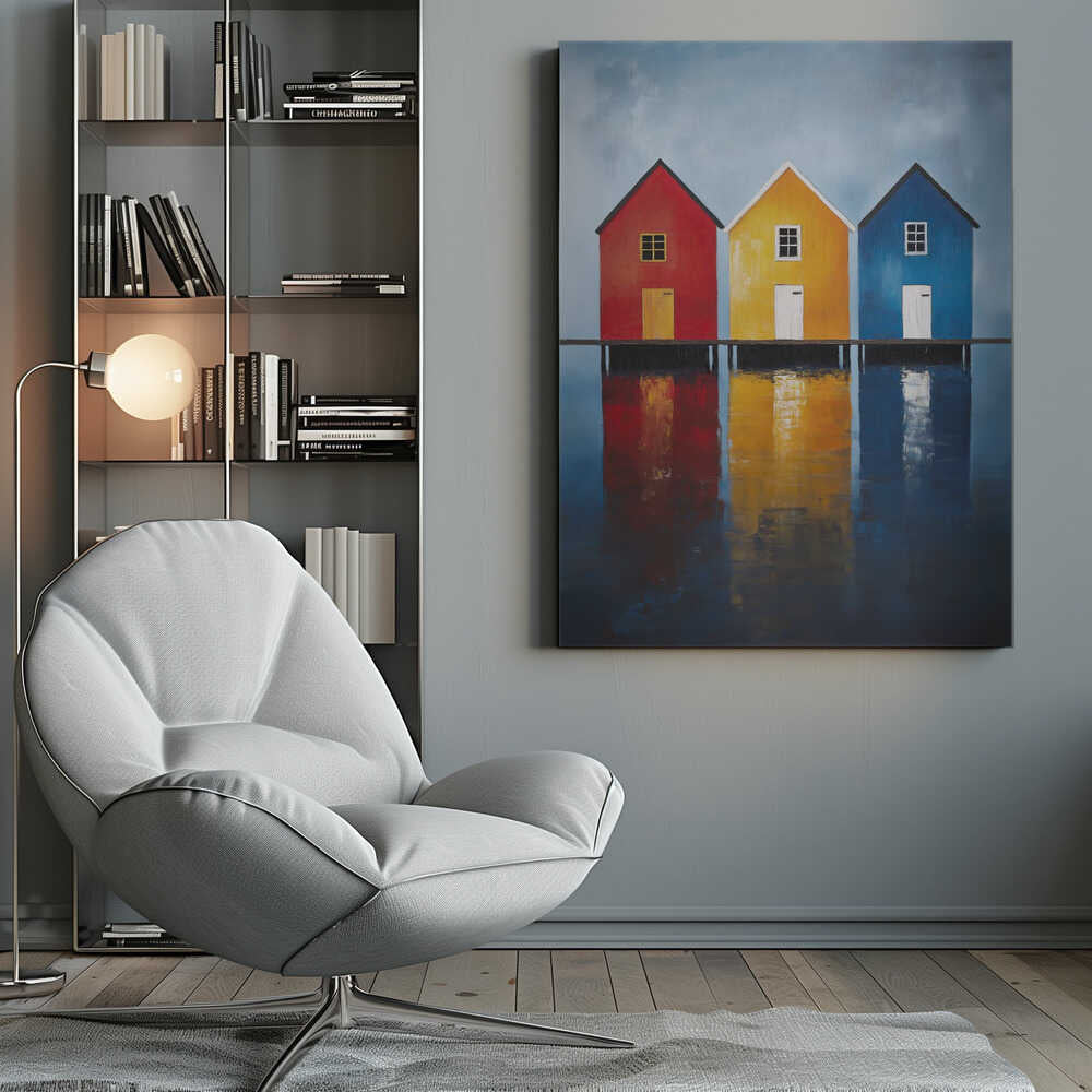 A painting of three houses in primary colors—red, yellow, and blue—lined up on a pier over a body of water. The houses and their vibrant colors are reflected in the calm water below, all under a muted, overcast sky. The piece is in a black frame. Decor