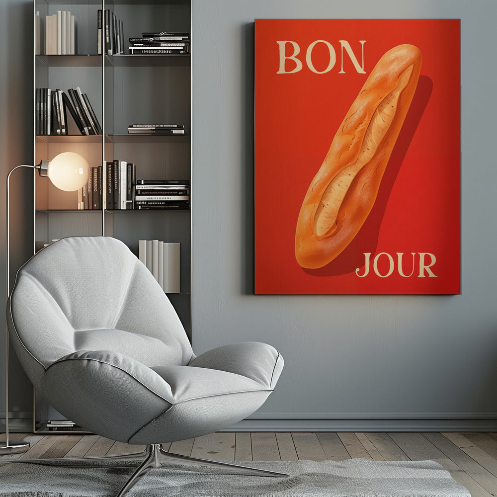 A vintage-style poster with a vibrant red background featuring a realistic illustration of a golden-brown baguette. The French words 'BON' and 'JOUR' are written in a large, cream-colored serif font at the top left and bottom right respectively. Wall Art