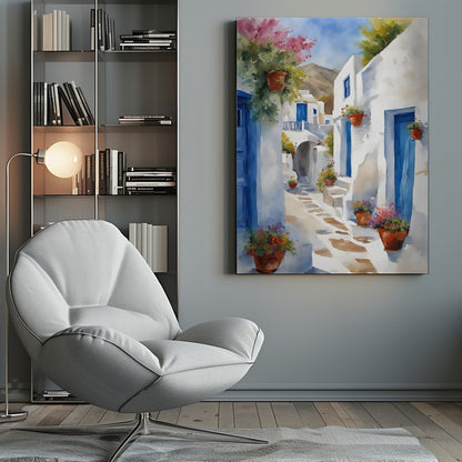 A vibrant watercolor painting of a sunlit alleyway in a Greek island village, featuring whitewashed buildings with iconic blue doors, and colorful flowers in terracotta pots. A mountain can be seen in the distance under a clear blue sky. Poster