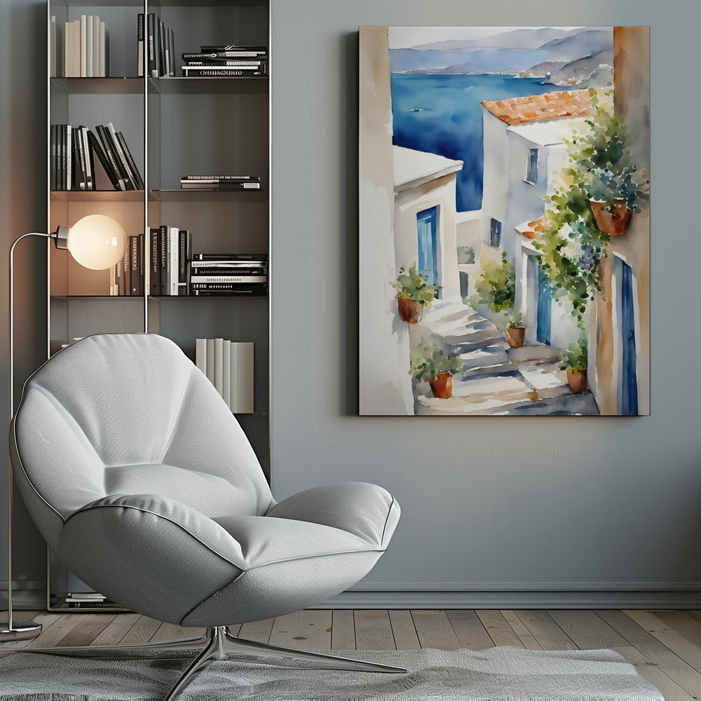 A watercolor painting of a narrow, sun-drenched alleyway in a coastal town. Whitewashed buildings with blue doors and terracotta roofs line the stone steps that descend towards a stunning view of the deep blue ocean and distant mountains. Wall Art