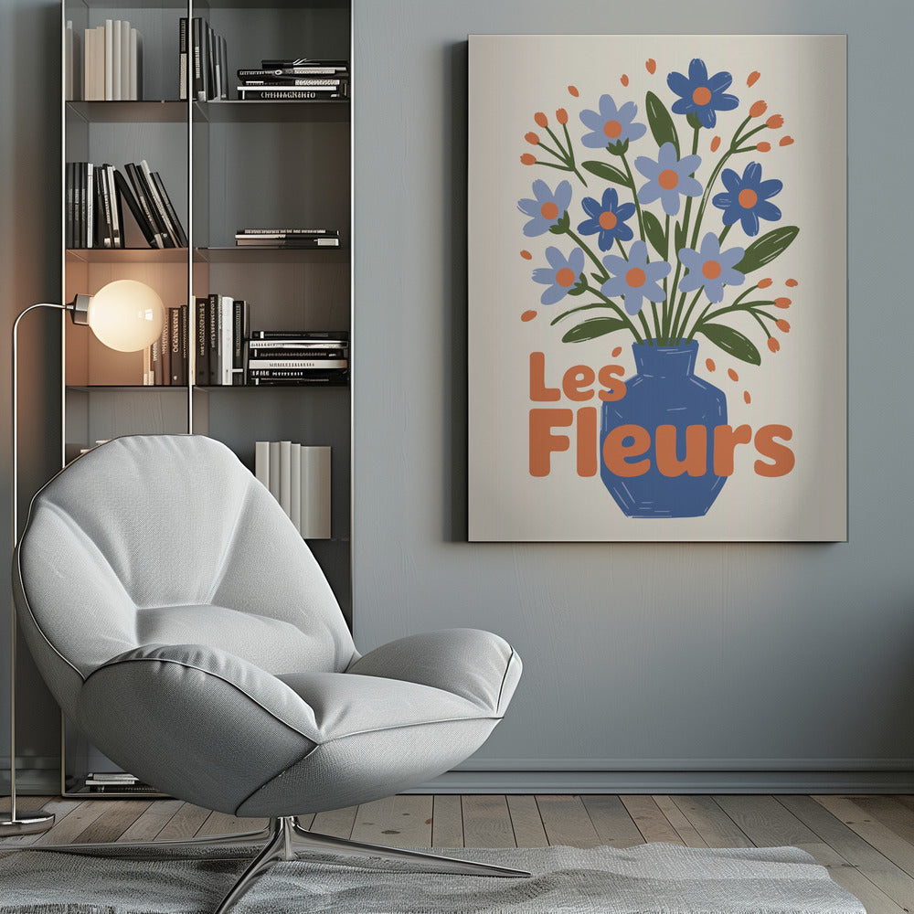 A stylized illustration of a blue vase filled with light and dark blue flowers with orange centers and green leaves. The phrase "Les Fleurs" is written in a bold orange font in the foreground, all set against a cream-colored background and framed in black. Decor