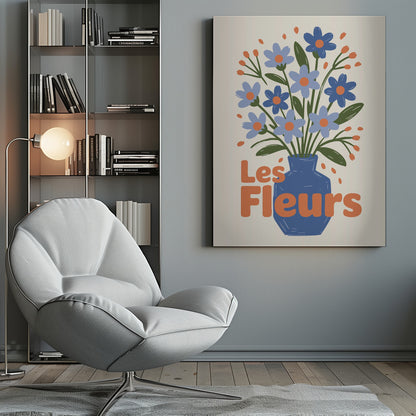 A stylized illustration of a blue vase filled with light and dark blue flowers with orange centers and green leaves. The phrase "Les Fleurs" is written in a bold orange font in the foreground, all set against a cream-colored background and framed in black. Decor