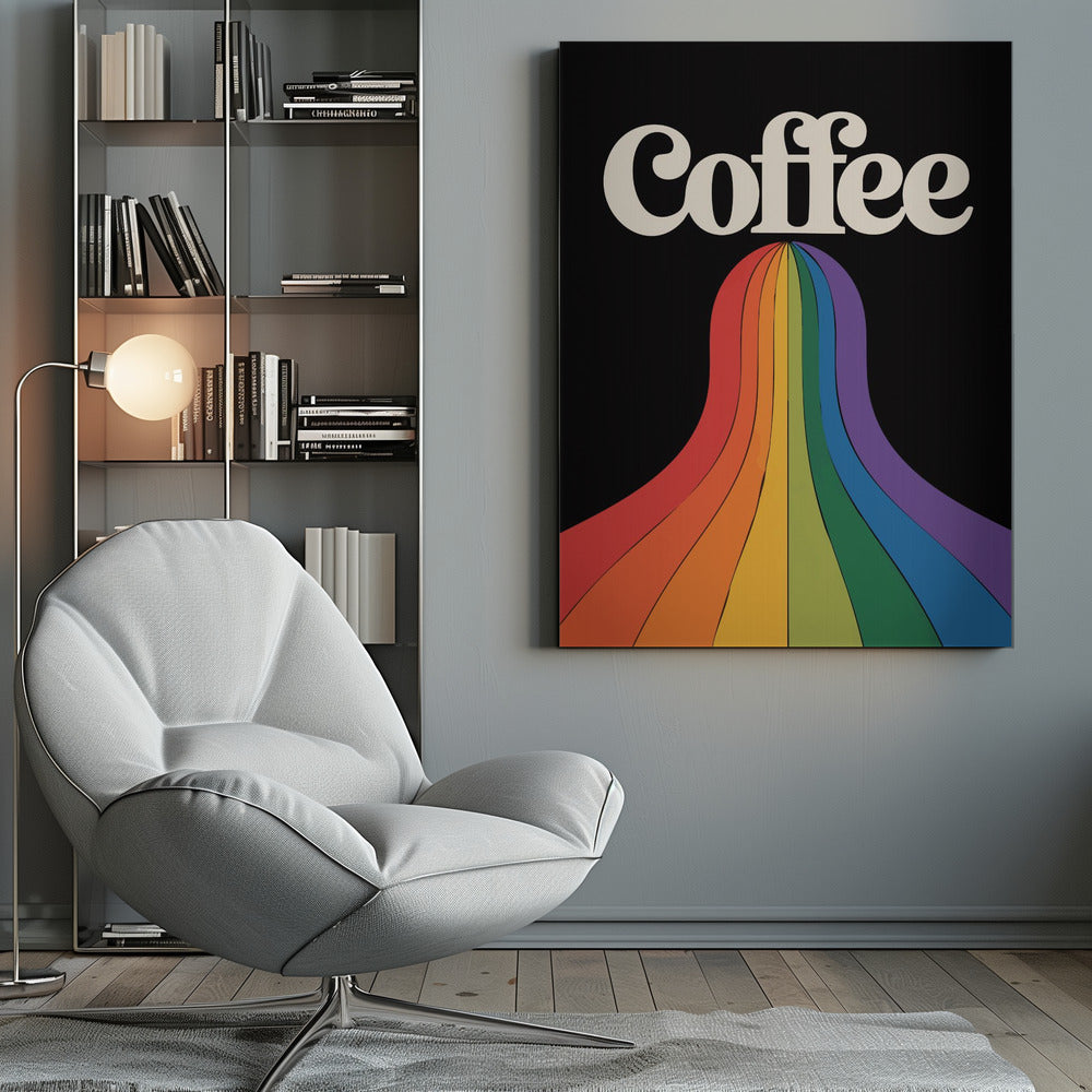 A retro-style poster with a black background featuring the word 'Coffee' in a cream-colored, 1970s-style font. A vibrant, flowing rainbow with stripes of color cascades down from underneath the text. Print