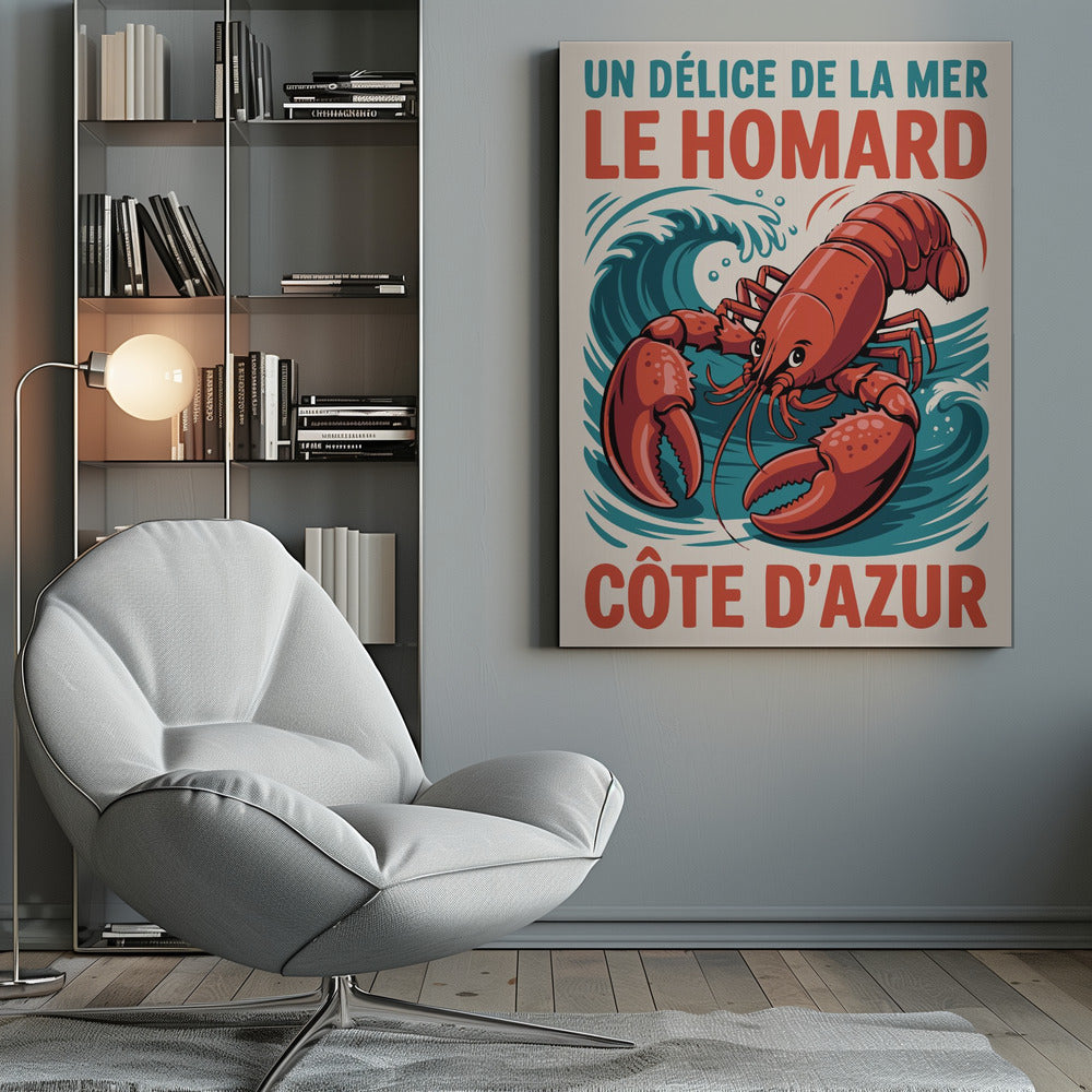 A vintage-style French travel poster featuring a large, red illustrated lobster against a background of stylized blue waves. The text at the top reads 'UN DÉLICE DE LA MER LE HOMARD' and at the bottom 'CÔTE D'AZUR'. Poster