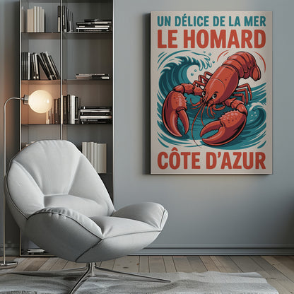 A vintage-style French travel poster featuring a large, red illustrated lobster against a background of stylized blue waves. The text at the top reads 'UN DÉLICE DE LA MER LE HOMARD' and at the bottom 'CÔTE D'AZUR'. Poster