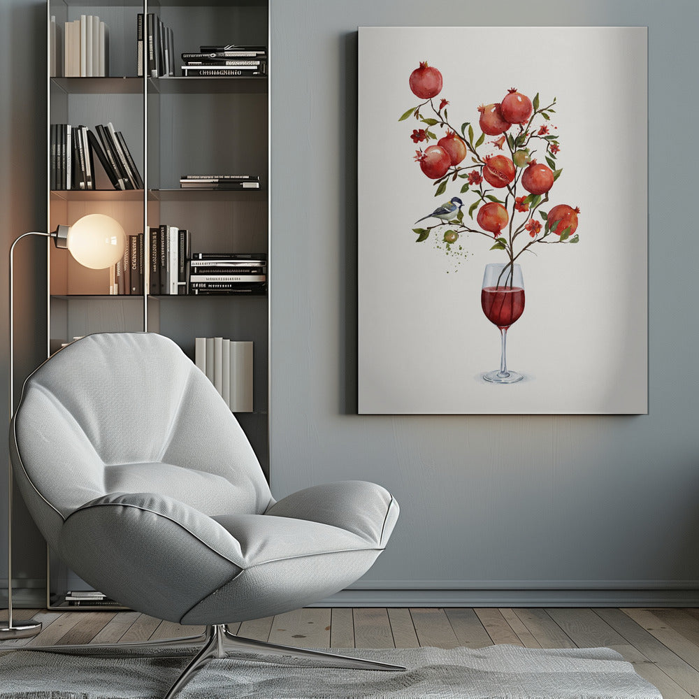 A surreal watercolor painting of a pomegranate branch growing out of a glass of red wine. The branch is laden with ripe red pomegranates, small red blossoms, and green leaves. A small blue and white bird is perched on a twig. The background is a clean, solid white, and the entire image is framed in black. Wall Art