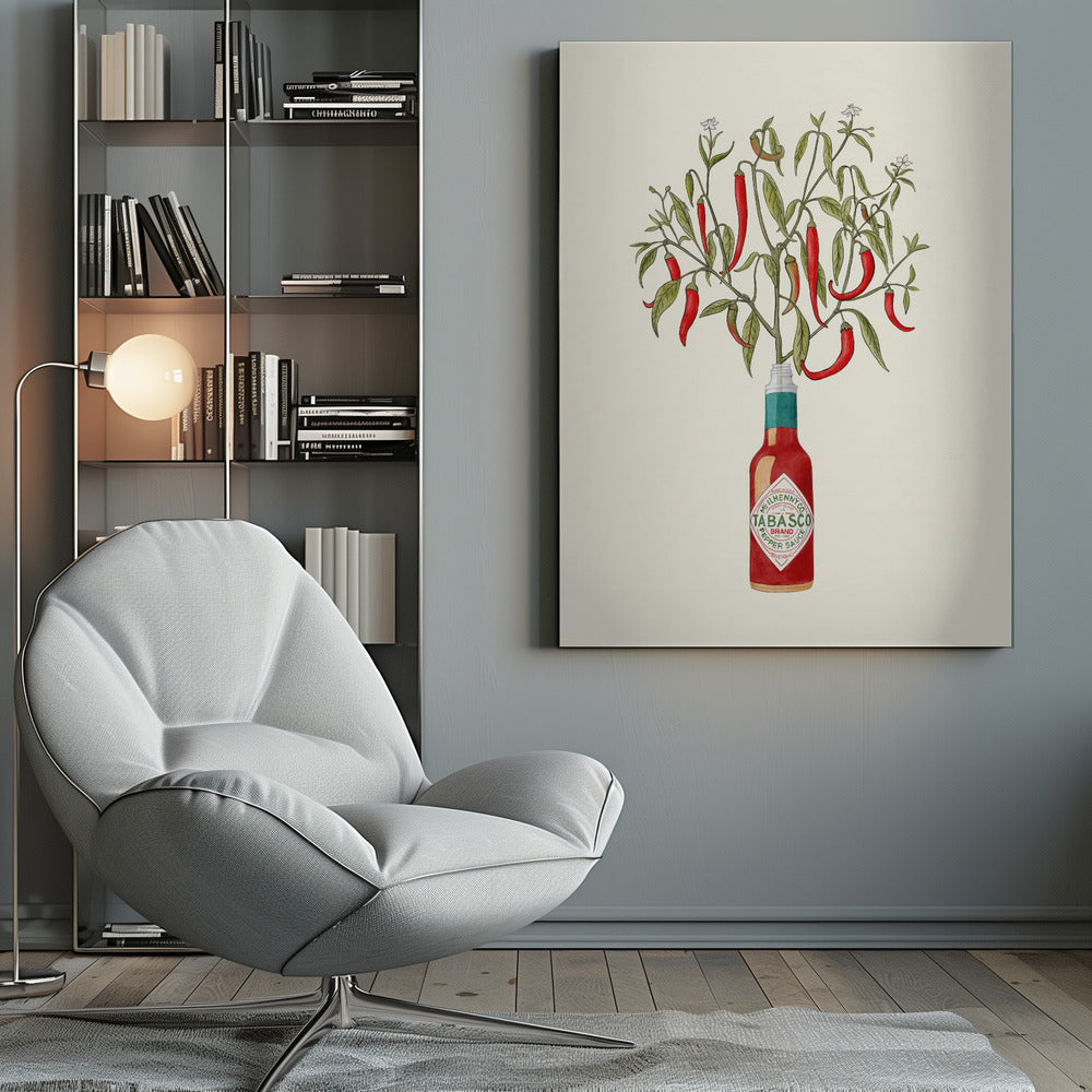 A framed vintage-style illustration of a red chili pepper plant, complete with leaves and blossoms, growing out of the top of a Tabasco brand hot sauce bottle against a cream background. Artwork